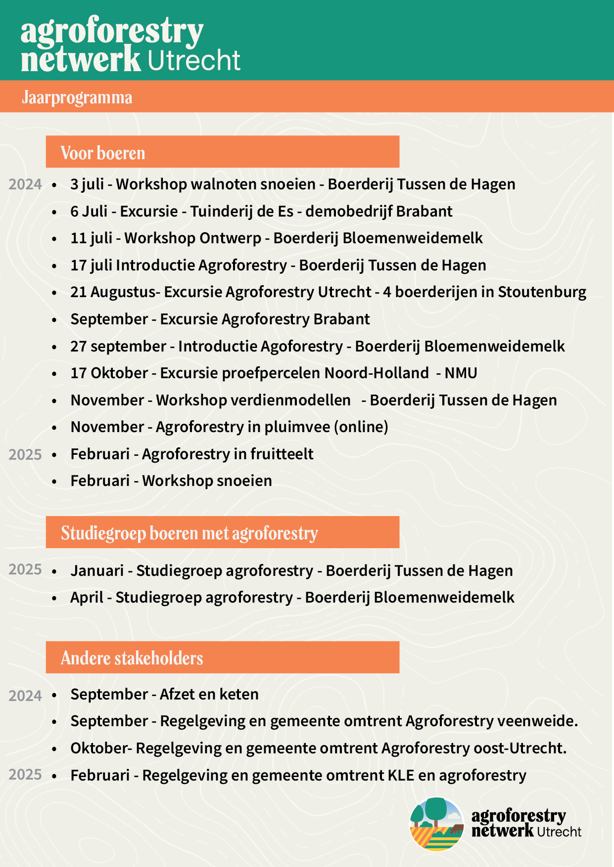 Afbeelding van het Agroforestry Netwerk Utrecht jaarprogramma 2024-2025 met uitnodiging om deel te nemen aan activiteiten en excursies over duurzame landbouw.